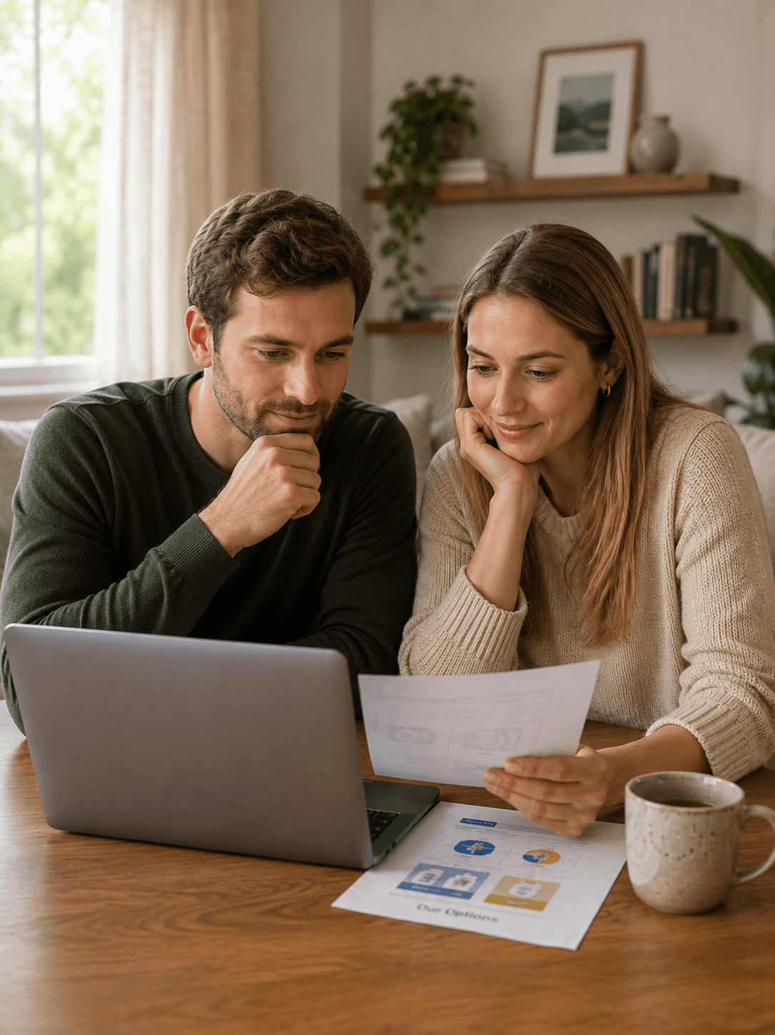 A couple reviewing care options together on a laptop at home
