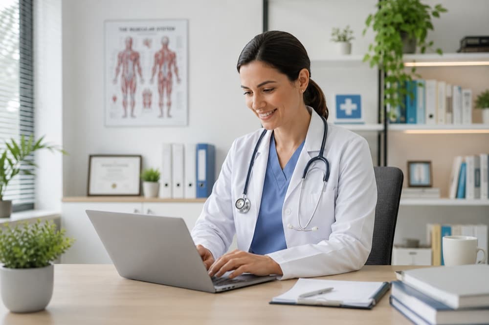 A healthcare professional working at a laptop